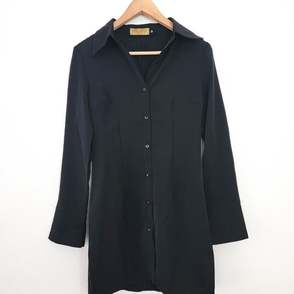 Aya Muse Collared Mini Shirt Dress in Black Medium - Picture 2 of 9
